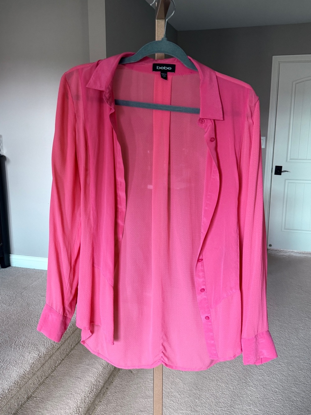 bebe Hot Pink Silk Button-Down Blouse